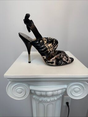 Marciano Women's Black and Beige Animal Print High Heel Sandals